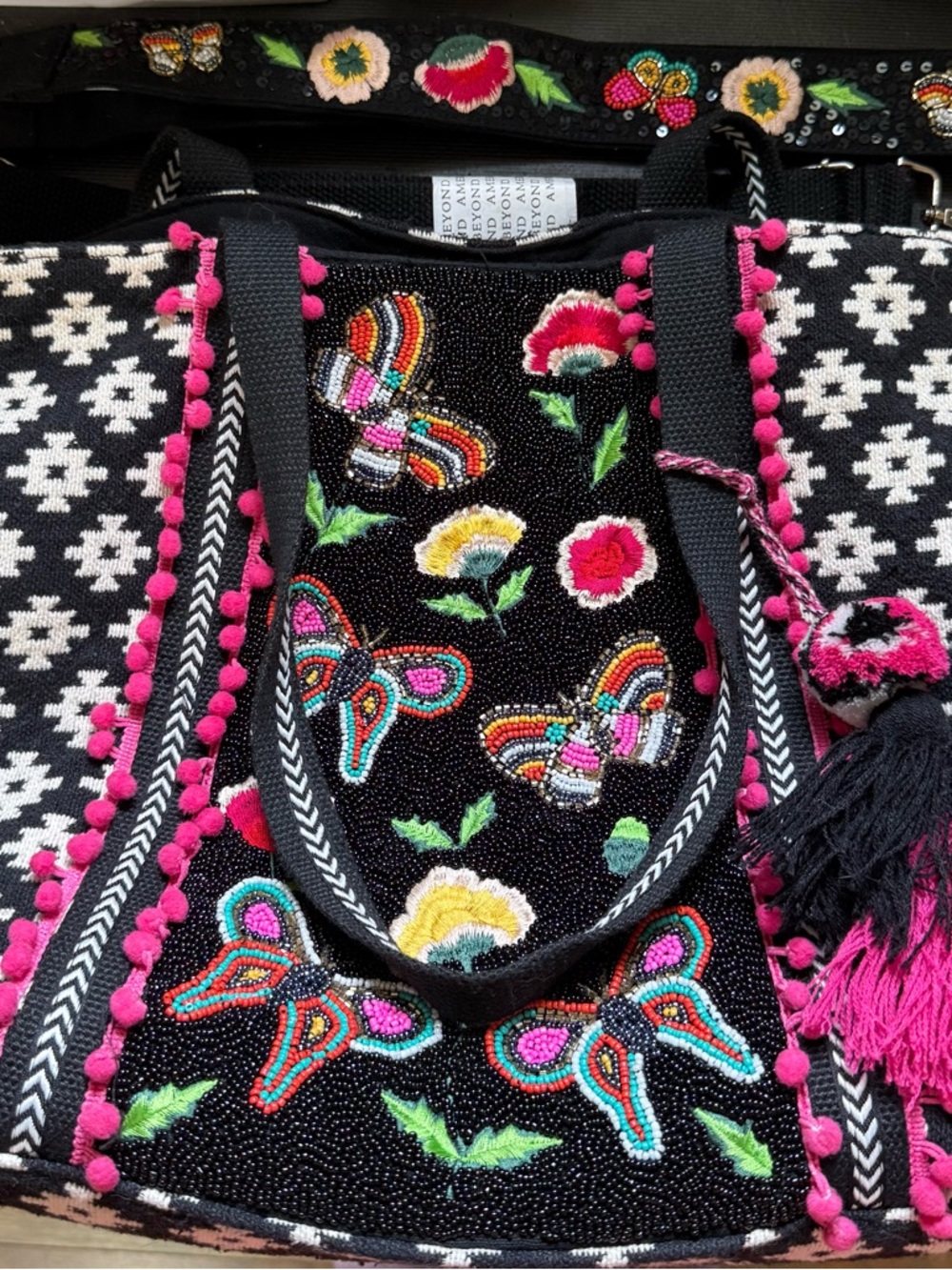 Beaded Butterfly Tote with Pink Trim